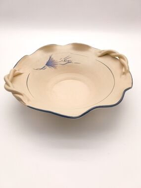 Studio Art Pottery Ruffled Bowl with Twisted Handles